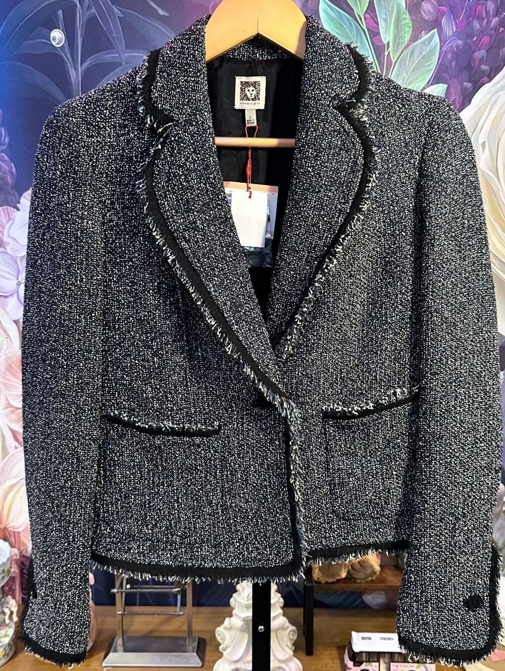 Anne Klein 2 Tweed Blazer NWT Fringe Trim Boucle Professional Chic Black